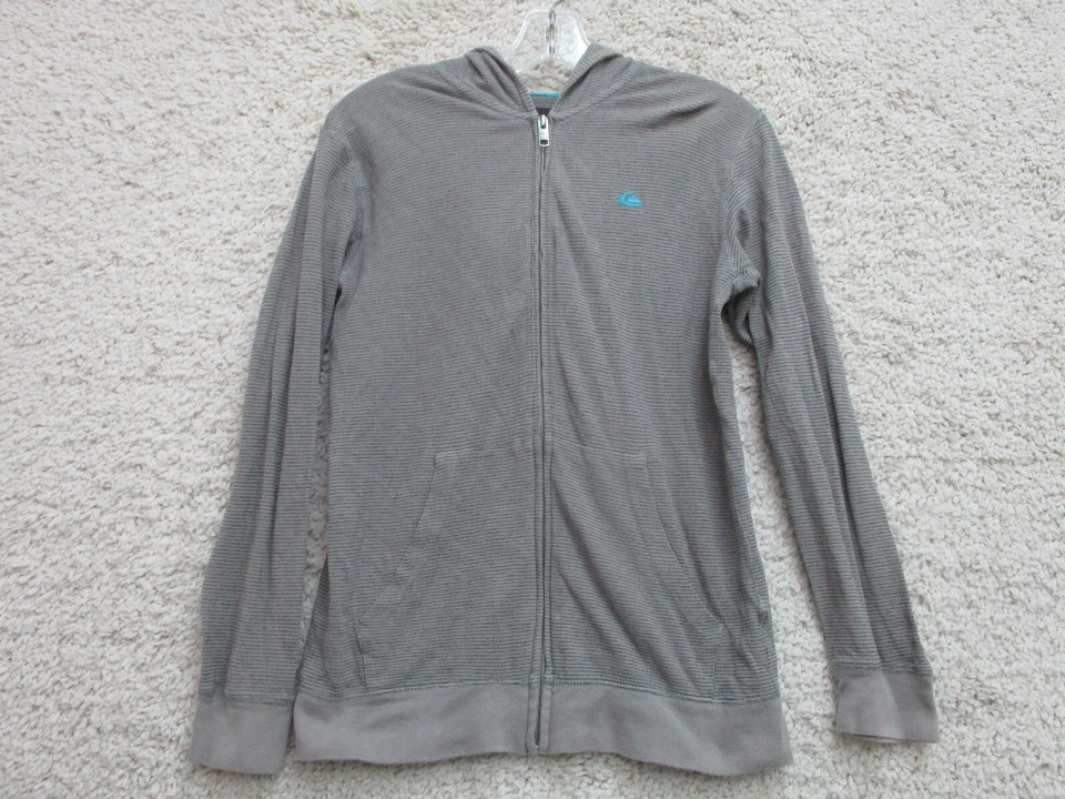 Quiksilver Sweater Large Youth Gray Hoodie Ful Zip Pockets Stretch Logo Girls L - Imagem 1 de 4