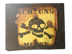 ACHTUNG MINEN GERMAN MINEFIELD WARNING SIGN REAL RUST - YELLOW IS 12"X12" - Picture 1 of 19