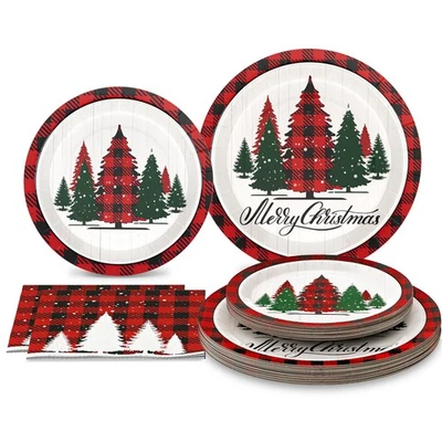 200 Pcs Christmas Paper Plates and Napkins, Christmas Tree Red and White Plat... - Image 1 of 4