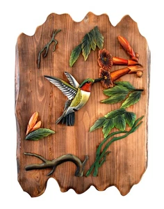 Hummingbird Hand Crafted Intarsia Wood Art Wall Hanging 17 X 21 X 2 Inches - Picture 1 of 1