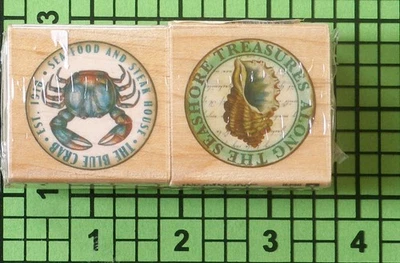 Lote de 2 sellos de goma montados en madera de cangrejo azul y concha marina de Inkadinkado Foto 1 de 3