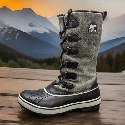 Botas de inverno femininas Sorel Tivoli tamanho 6.5 usadas LL3200-010 couro antigo preto - Imagem 1 de 4