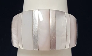 Shell Inlaid Sterling Silver Band Ring Size 8.5 VVV 925 Stripe Pink White MOP - Picture 1 of 16