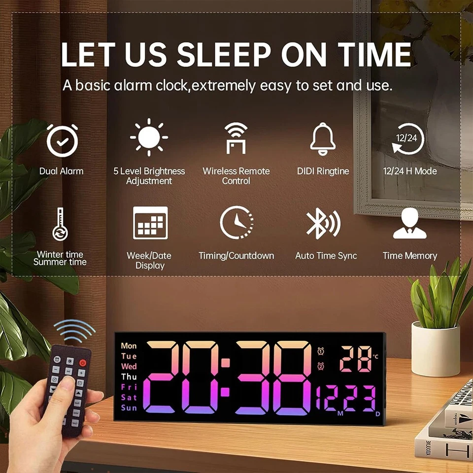 Digital LED Large Display Wall Desk Alarm Clock Calendar Temperature Date Remote - Image 1 of 4