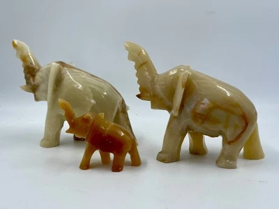 Hand Carved Onyx Elephant Family 2 Adults 1 Calf Largest 6”x6” - Image 1 of 4