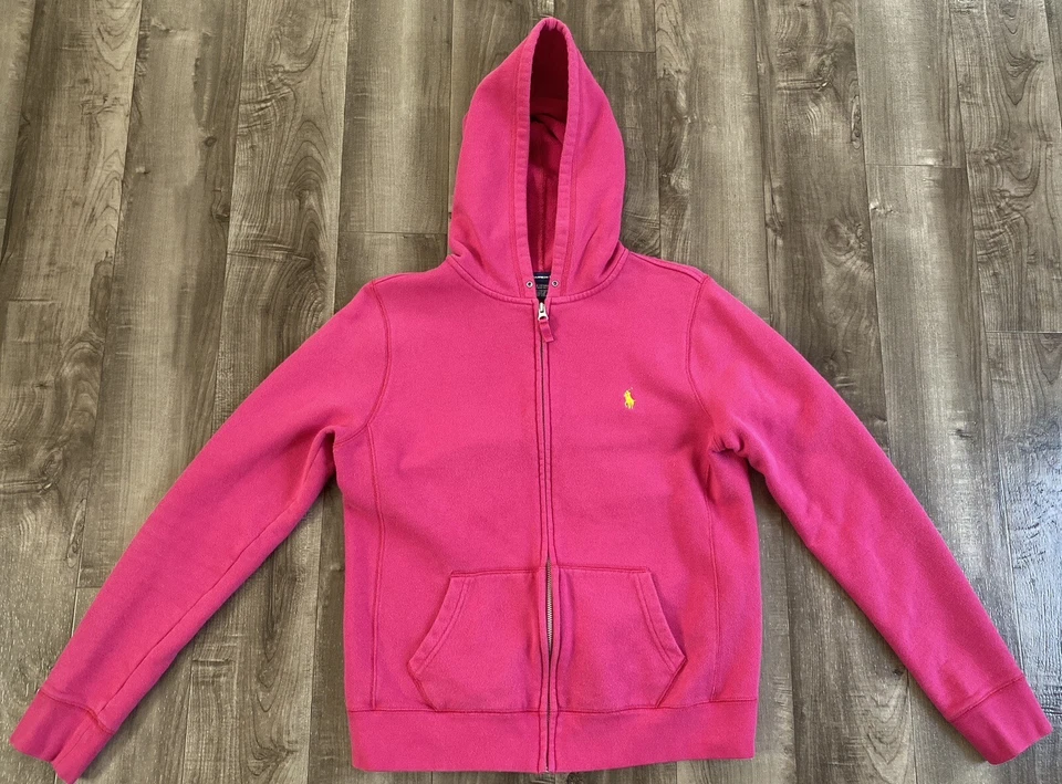 Moletom com capuz feminino júnior Ralph Lauren esporte zíper completo rosa escuro tamanho grande - Imagem 1 de 4
