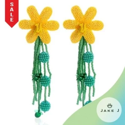 Bohemian Tropical Women Earrings Dangle Big Yellow Beaded Daisy Earrings  - Image 1 of 4