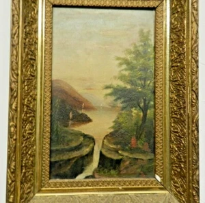 Antique Oil Painting Landscape / Vally Water Scape Falls Org.-Frame, 12" X 17" - Picture 1 of 12