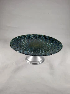 8 IN CAKE STAND TURKISH PEAKCOCK FEATHERS DESIGN ART GLASS GLOSSY SILVER FOOTED - Picture 1 of 9