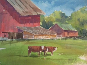 LOVELACE SIGNED VINTAGE PAINTING AMERICAN LANDSCAPE WITH COWS FARM FARMING - Picture 1 of 6