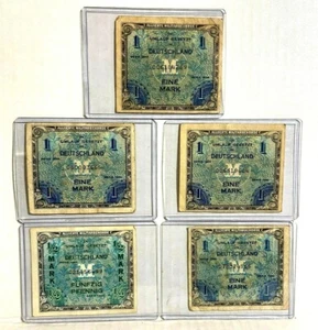 Authentic Rare Military Occupation German 1944 (1) 1/2 MARK, 4 ONE MARK BILLS-LT - Picture 1 of 12