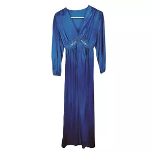 Vintage Lorraine Womens Long Zip Front Nightgown Small S Blue Nylon Lingerie - Picture 1 of 5