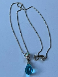 Dainty Silvertone Bead Chain w Aqua Blue Briolette & Tiny Aurora Borealis Rondel - Picture 1 of 8