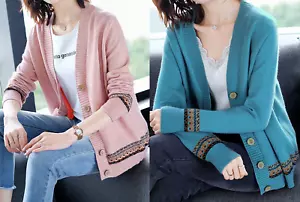 Mujeres Tejido Botón Delantero Algodón Cárdigan Manga Larga Top Suéter Ropa - Imagen 1 de 6
