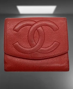 Authentic CHANEL Caviar Skin Leather Coco Mark Purse Red Bi-Fold Wallet - Picture 1 of 10