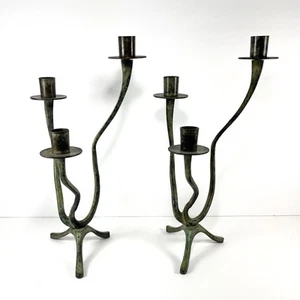 Solid Brass Verdigris Candelabra Pair Mid Century Modern Brutalist Design - Picture 1 of 8