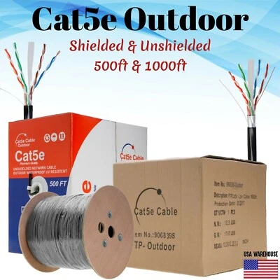 CAT5e CAT5 Outdoor Ethernet Bulk Cable 500ft 1000ft UTP FTP Direct Burial Solid - Image 1 of 4