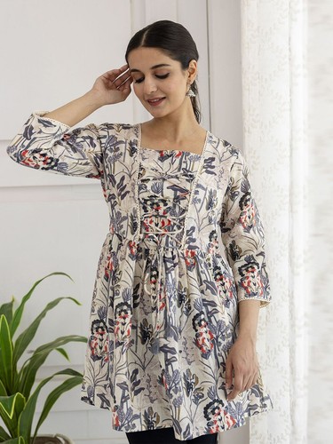 OFF WHITE Abito Kurta Kurti tunica svasata stampa floreale cotone bianco sporco donna indiano