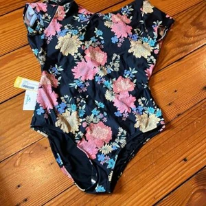 Women's O'neill Layla Floral Cinched One-Piece Swimsuit Black S14 NWT Tie Back - Picture 1 of 12