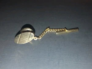 Vintage Brushed Gold Tone Oval Tie Tack Lapel Pin With Chain - Picture 1 of 3