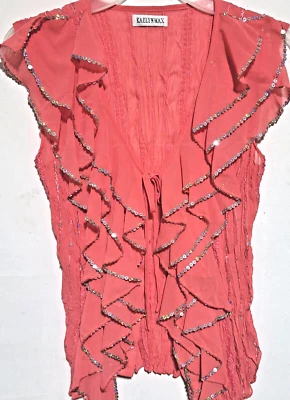 Y2K Kaelyn Max Volantes Arrugas Manga Corta Top Talla M CORAL ELÁSTICO Lentejuelas Fiesta Foto 1 de 4