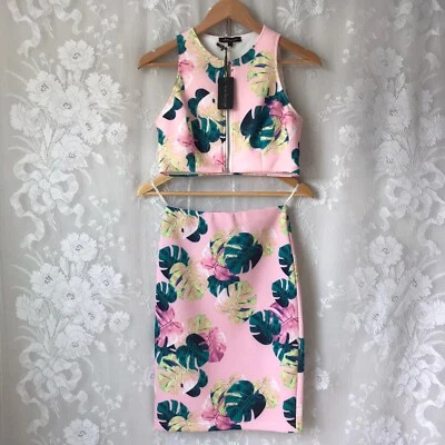 Whitney Eve два изделия молнии спереди укороченный верх и юбка розовый зеленый ладони акваланга новый с Ярлыками XS - Изображение 1 из 4