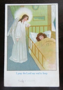 Postal de colección usada 1911 ÁNGEL DE LA GUARDA VIGILANDO LA CAMA DE NIÑA REZANDO - Imagen 1 de 4