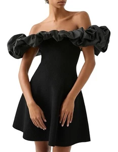 AJE Dress Size Medium (10 AU/ 6 US) Black Eldora Ruffle Ribbed Mini Stretch - Picture 1 of 13
