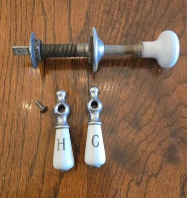 Vintage APEX Cast Iron Nickel Plated Porcelain Hot & Cold Faucets with Fixture - Image 1 of 4