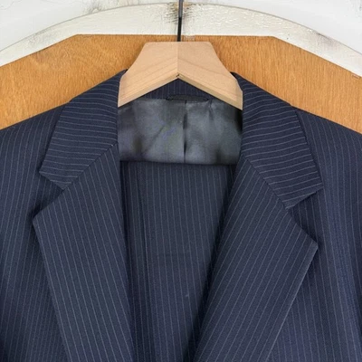 VTG Polyester Suit MEns 40R Navy Blue Pinstripe 2 Button 34x30 Flat Front 70s - Image 1 of 4