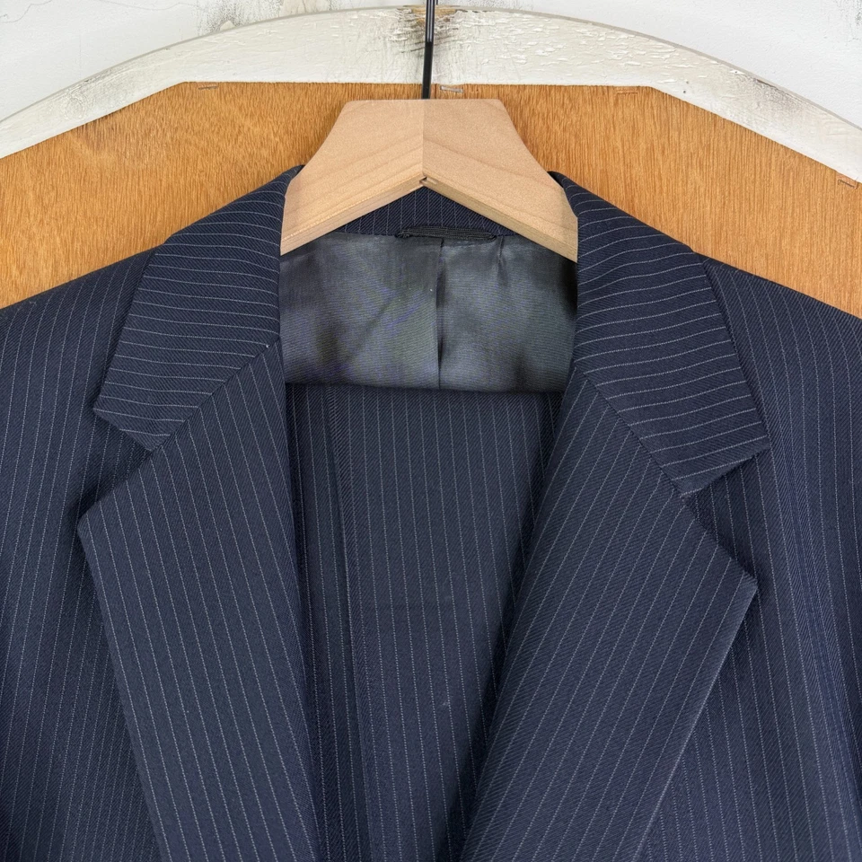VTG Polyester Suit MEns 40R Navy Blue Pinstripe 2 Button 34x30 Flat Front 70s - Image 1 of 4