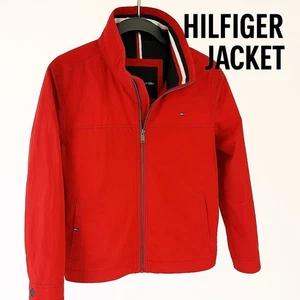 Tommy Hilfiger Red Full Zip Windbreaker Jacket Mens L Hooded Logo Collar Classic - Picture 1 of 9