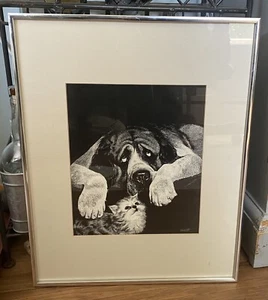Vintage Rudy Droguett Print Dog and Cat Framed Matted 16 x 20 St Bernard - Picture 1 of 6