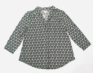 Charter Club Women's Printed V-Neck Top 3/4 Sleeve Blouse Deep Black Size L - Picture 1 of 2