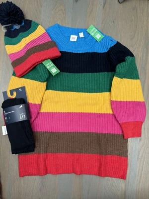 NUEVO CON ETIQUETAS Gap Niños Niña INVIERNO 3 Piezas Arco Iris Rayas Suéter Vestido Sombrero Medias CONJUNTO 4 5 Foto 1 de 4