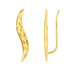 14K Yellow Gold Diamond Cut Leaf Climber Earrings - Picture 1 of 4