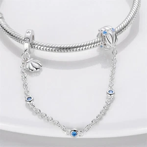 Blue Ocean Sea Clam Shell Star Fish Safety Chain Charm Sterling Silver 925 - Picture 1 of 5
