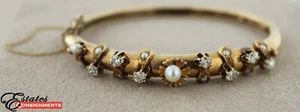 Brazalete antiguo victoriano con bisagras de diamantes y perlas de oro 14k - Imagen 1 de 6