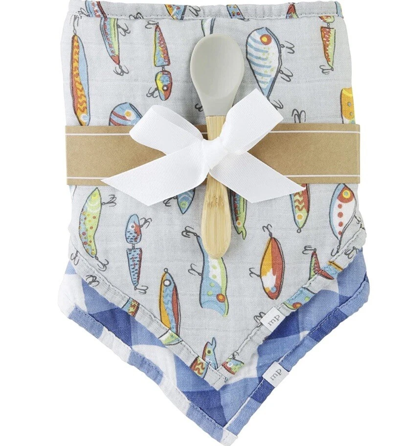 Juego de 3 babero y cucharas de pañuelo de muselina señuelo de pesca azul Mud Pie Baby Boys Foto 1 de 2