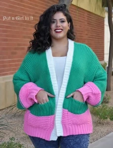 New PLUS SIZE Womens GREEN PINK CHUNKY KNIT CARDIGAN SWEATER POCKETS 1XL 2XL 3XL - Picture 1 of 7