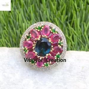 Anillo de cóctel de piedras preciosas múltiples pavimentado joyería de diamantes anillo de plata sólida 925 para ella - Imagen 1 de 5
