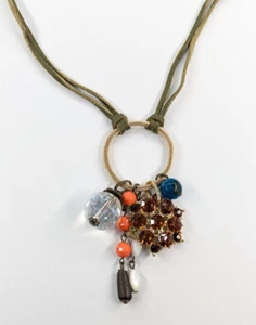 Plunder Mixed Media Amber Glass Rhinestone Gold Tone Multi Charm Boho Necklace - Picture 1 of 6