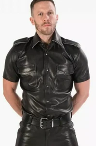 Herren Echtleder Rindsleder Gay Polizei Uniform Hemd Rindsleder Bluff Hemd - Bild 1 von 3