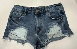 Forever 21 Medium Wash Blue Denim Cut-Off Jeansshort Damen Gr. 26 Distressed - Bild 1 von 9