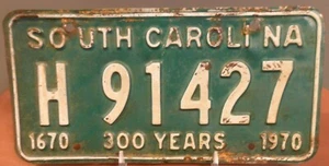 Vintage Original 1970 Carolina del Sur, SC, Matrícula H 91427, 300 Años - Imagen 1 de 3