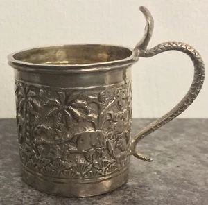 SIGNED antique indian LUCKNOW 925 SILVER SNAKE HANDLE CUP with ELEPHANT & TIGER - Picture 1 of 7
