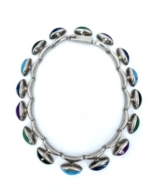 Modernist Necklace Sugilite Malachite Onyx Mexican Sterling Silver Jewelry Retro - Image 1 of 4