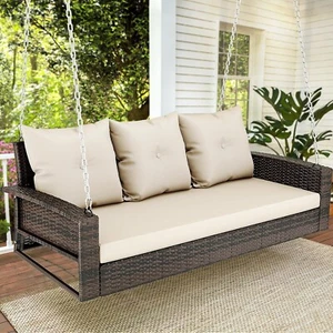 Brown Outdoor 3-Person Patio Porch Swing Bench Chair with Beige Cushions - Picture 1 of 8