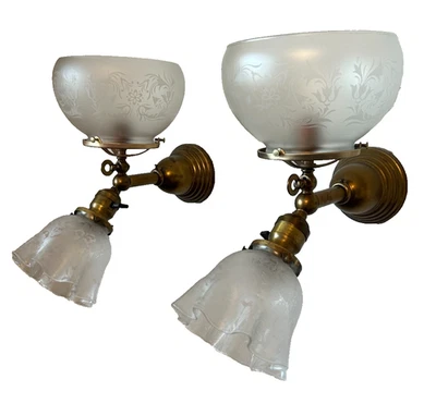 pair of 1890s brass Victorian gas & electric sconces - Image 1 of 4