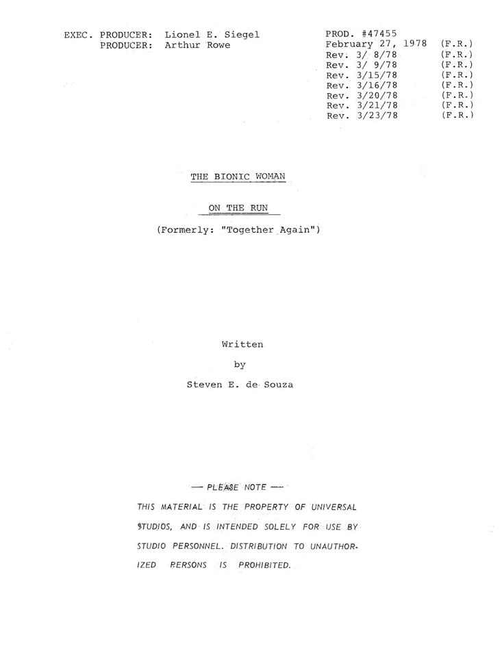 Classic Script THE BIONIC WOMAN On The Run Richard Anderson Notes copy - Image 1 of 1